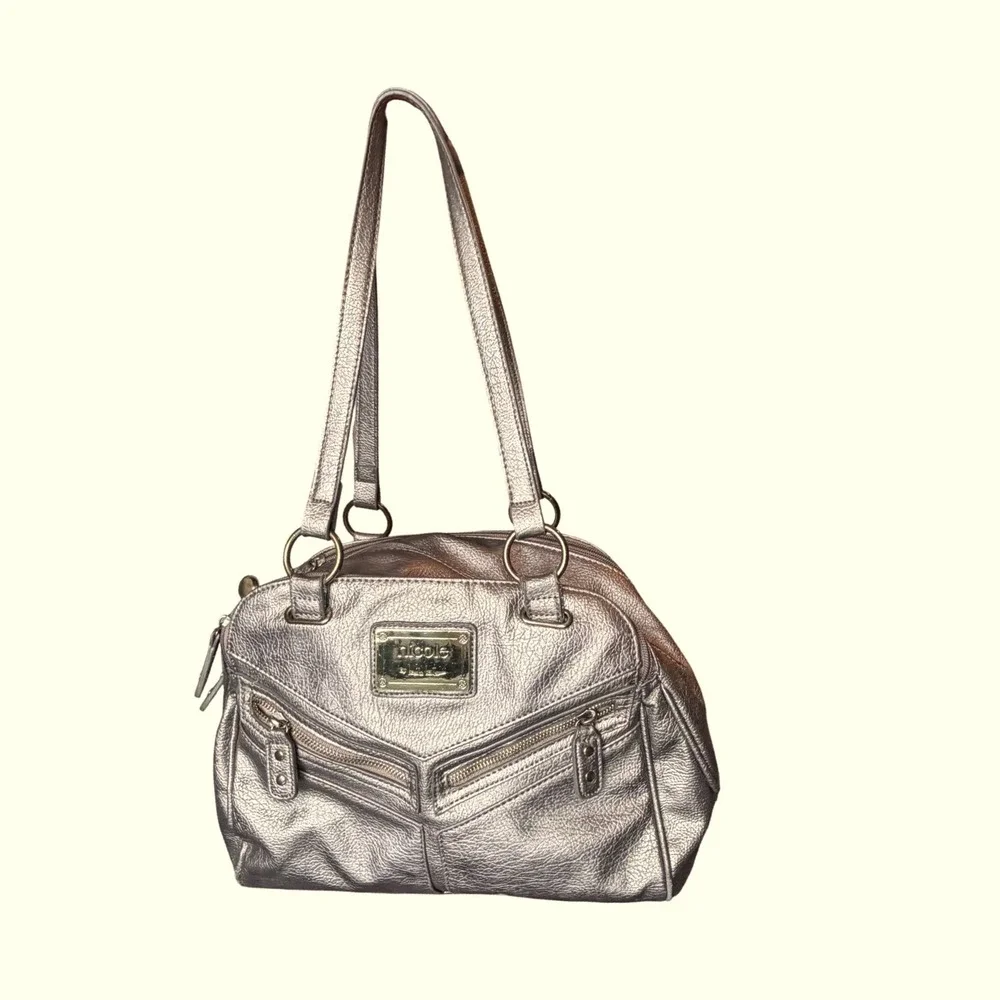 Nicole‎ Miller Pewter Metallic Faux Leather Shoulder Bag Satchel Multi-Pocket